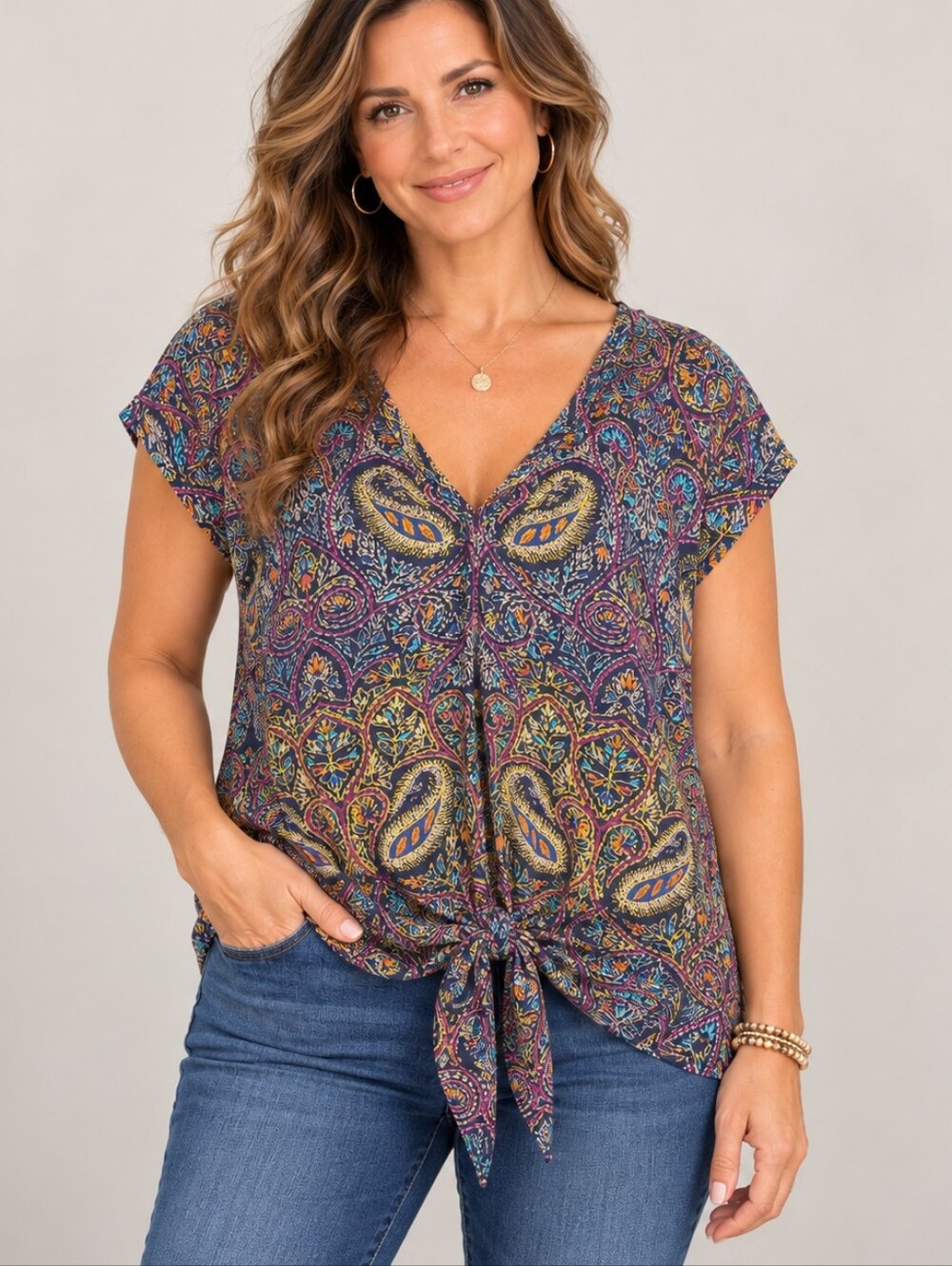 Lucky Brand Navy Paisley Tie Front V-Neck Top NWT Medium A361